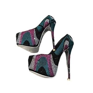 Alba  Black Multi Color Black Purple Teal Rhinestone Sexy Platform Pumps, Size 7